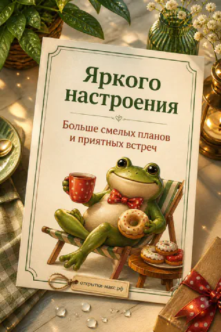 Мультяшная лягушка в красном галстуке-бабочке в шезлонге с кружкой кофе и пончиком, надпись «Яркого настроения»
