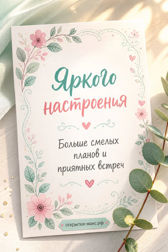 Мультяшная лягушка в красном галстуке-бабочке в шезлонге с кружкой кофе и пончиком, надпись «Яркого настроения» — вариант 2
