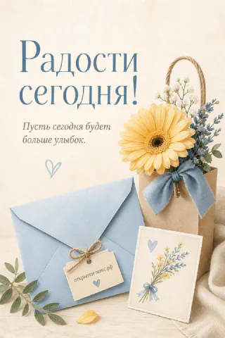 Маленький конверт, цветок и спокойный фон для теплого пожелания