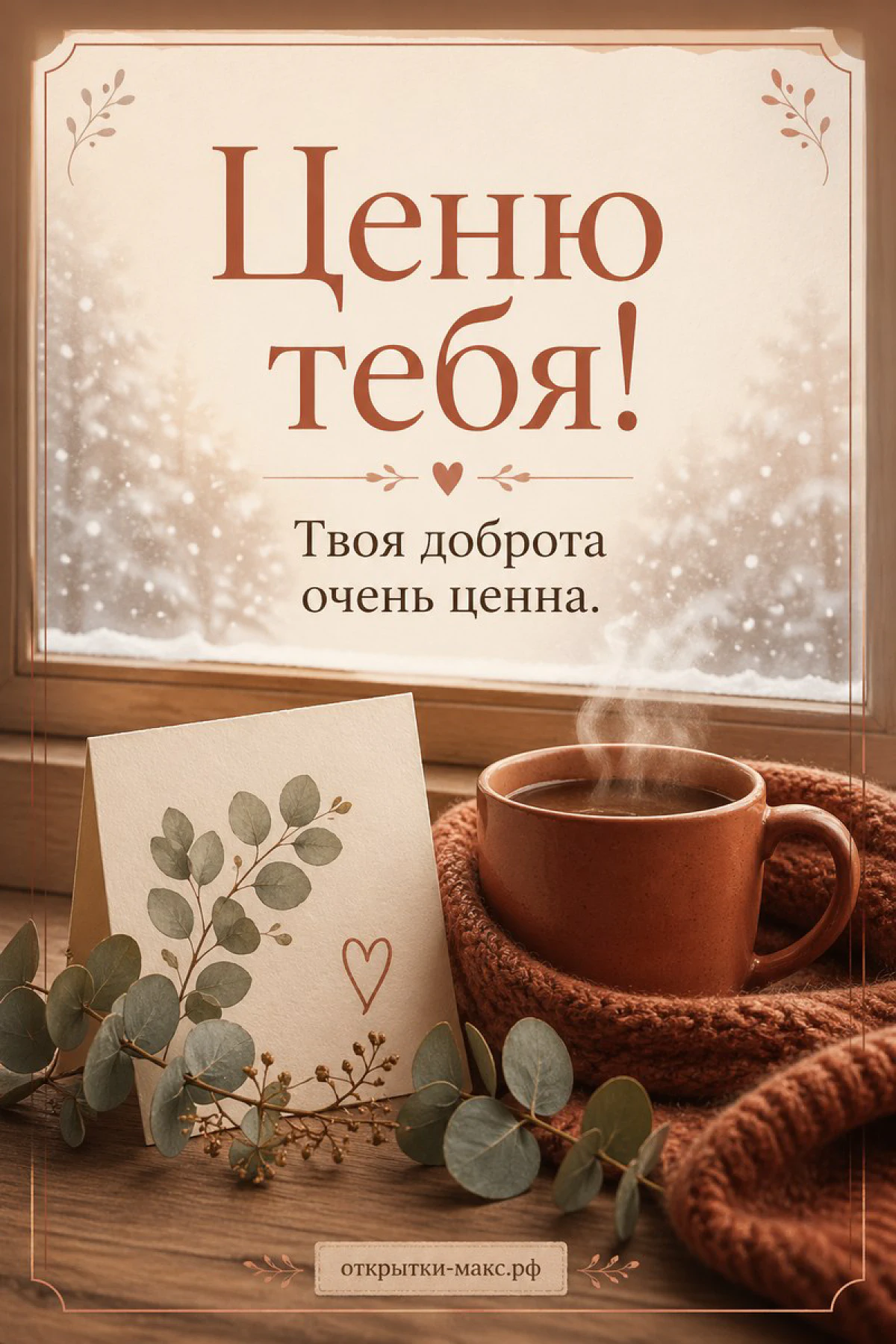 Маленький конверт, цветок и спокойный фон для теплого пожелания