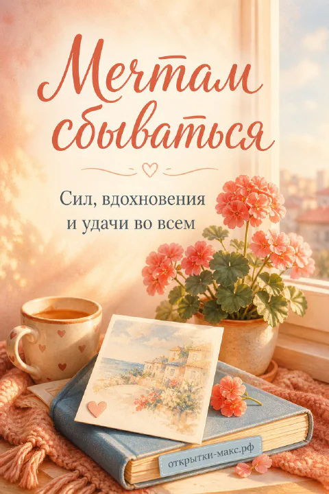 Книга с открыткой-пейзажем, чашка кофе и розовая герань на подоконнике с надписью Мечтам сбываться
