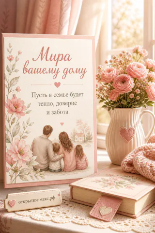 Открытка с силуэтом семьи из четырёх человек, букетом розовых роз и пледом с надписью Мира вашему дому