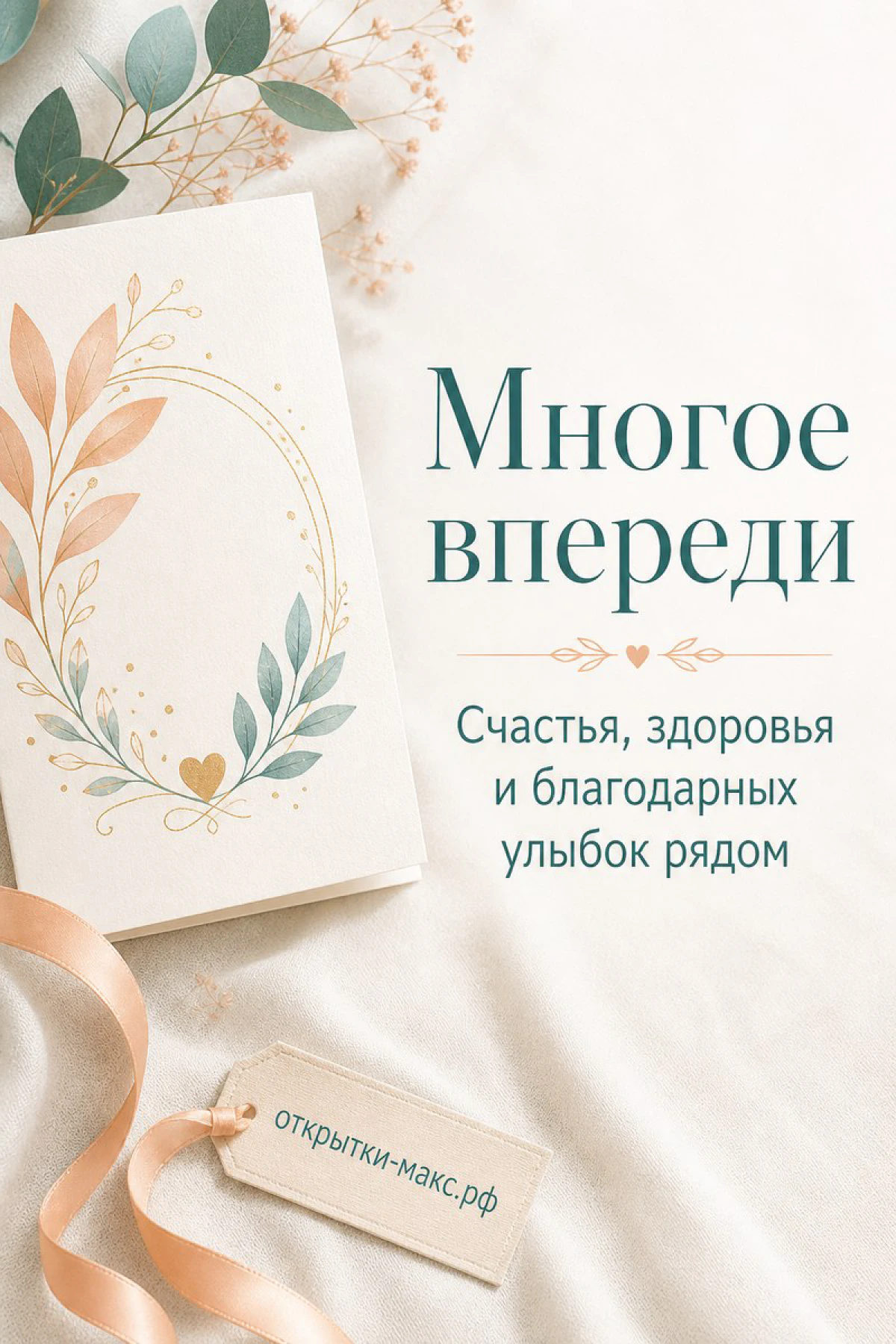 Открытка с конвертом, акварельными зелёными листьями и персиковой лентой с надписью Многое впереди счастья здоровья и благодарных улыбок рядом