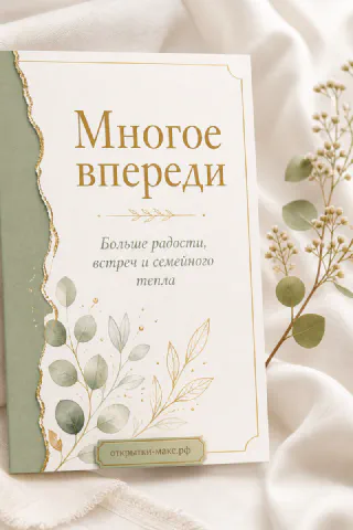 Открытка с акварельными зелёными листьями и золотой лентой на белом фоне с надписью Многое впереди больше радости встреч и семейного тепла