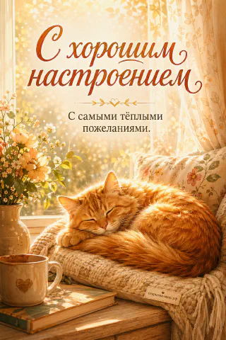 Рыжий кот спит свернувшись на вязаном пледе на диване у солнечного окна с жёлтыми цветами и кружкой кофе