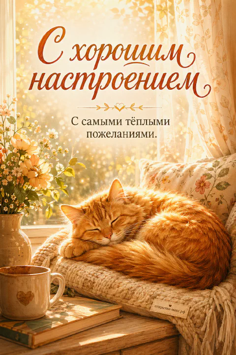 Рыжий кот спит свернувшись на вязаном пледе на диване у солнечного окна с жёлтыми цветами и кружкой кофе