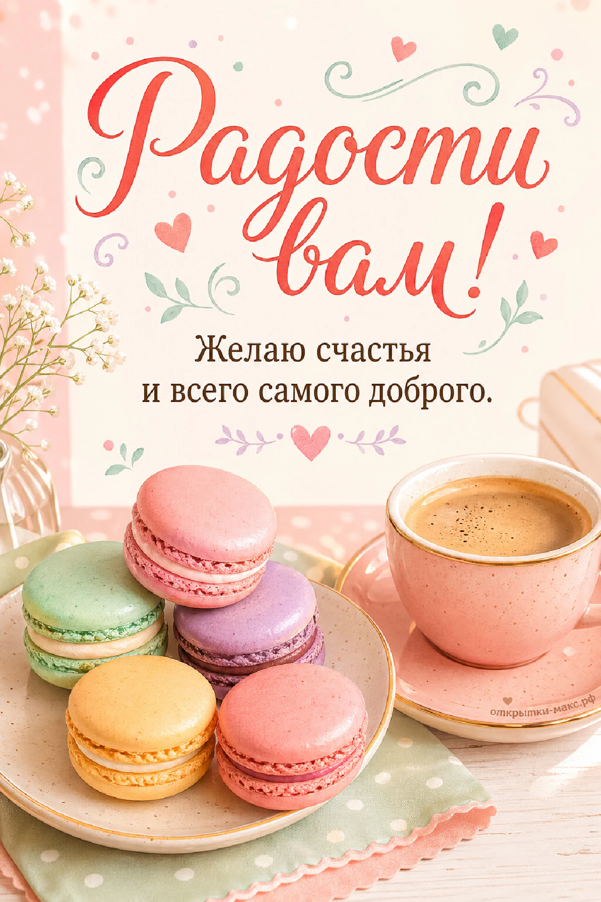 Разноцветные пастельные макарон на золотой тарелочке и розовая чашка кофе с пенкой на кремовом фоне с сердечками