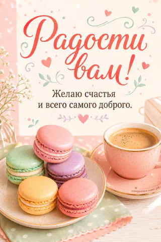 Разноцветные пастельные макарон на золотой тарелочке и розовая чашка кофе с пенкой на кремовом фоне с сердечками