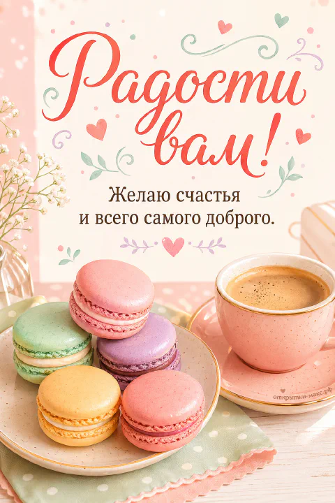 Разноцветные пастельные макарон на золотой тарелочке и розовая чашка кофе с пенкой на кремовом фоне с сердечками