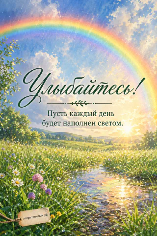 Яркая радуга в облачном небе над зелёным летним лугом с ромашками и ручьём, солнечный свет после дождя