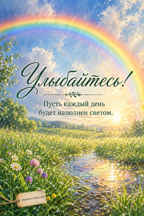 Яркая радуга в облачном небе над зелёным летним лугом с ромашками и ручьём, солнечный свет после дождя