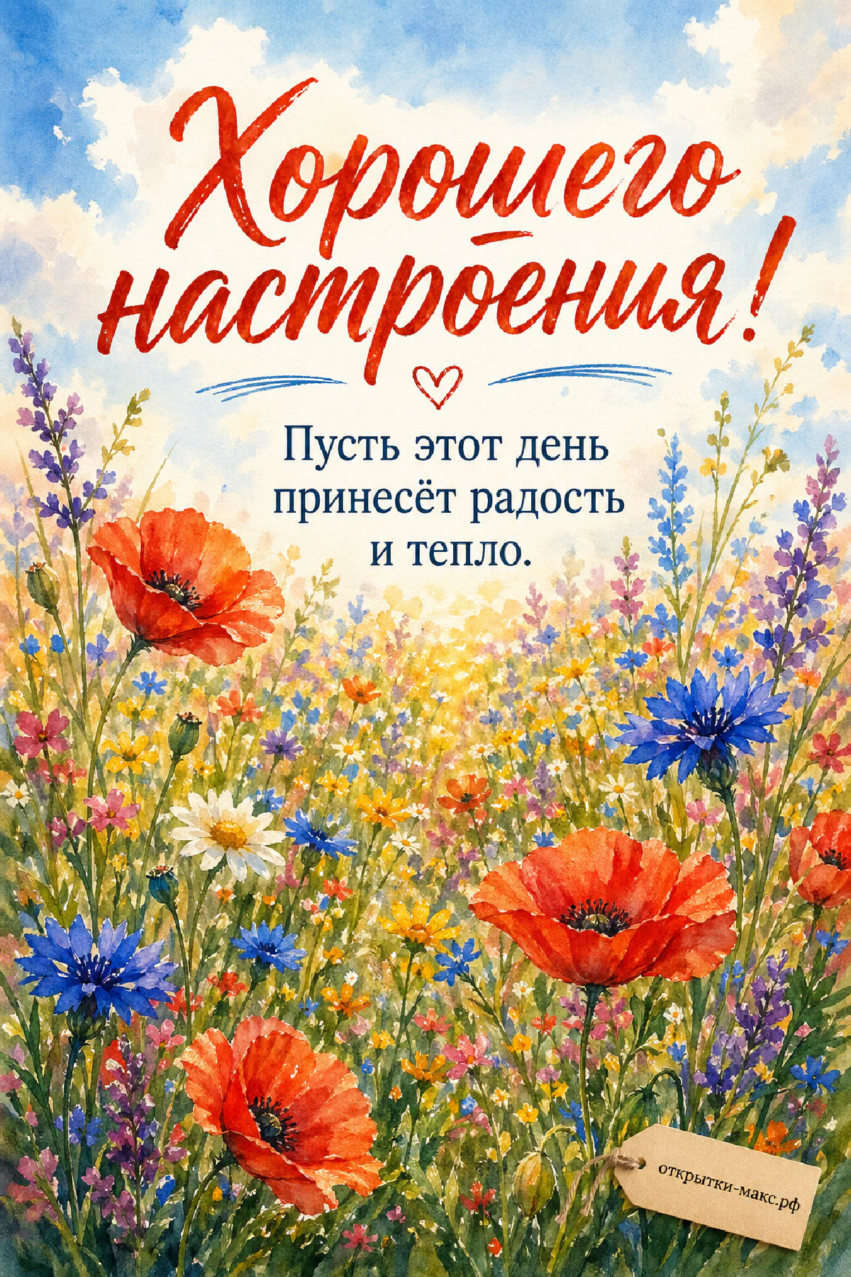 Акварельное летнее поле с красными маками, синими васильками, белыми ромашками и лавандой под голубым небом