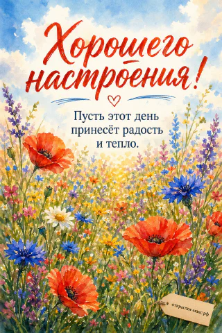 Акварельное летнее поле с красными маками, синими васильками, белыми ромашками и лавандой под голубым небом
