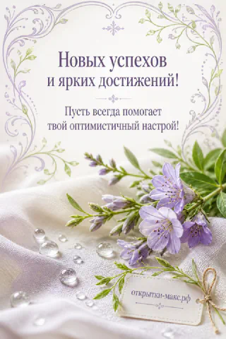 Букет лаванды на белой льняной ткани с каплями росы и пожеланием успехов