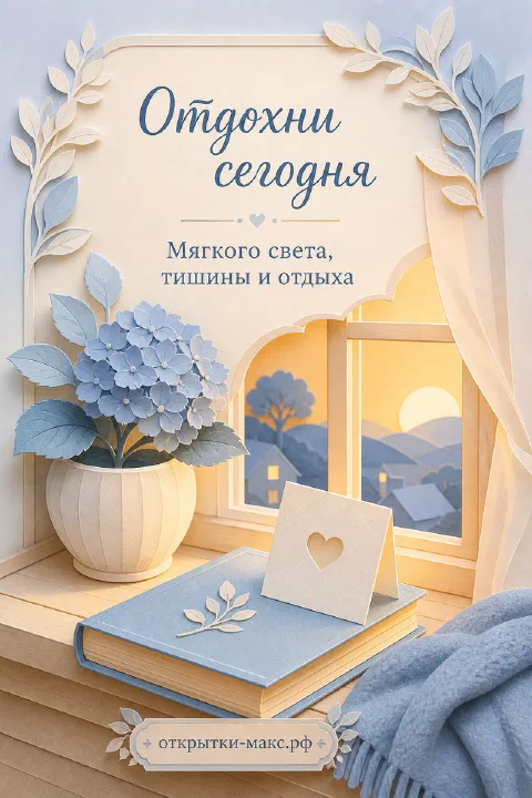 Бумажная иллюстрация: голубая гортензия, книга и плед у окна с закатом