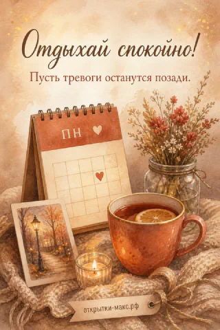 Настольный календарь ПН, чашка чая с лимоном, свеча и вязаный плед в осенних тонах