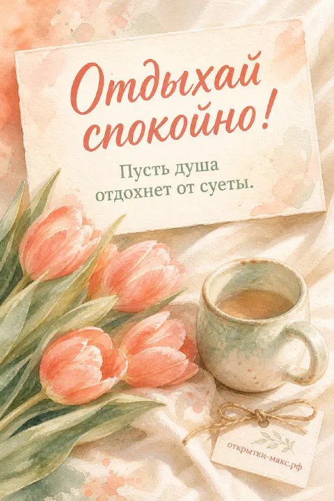 Акварельные розовые тюльпаны и керамическая чашка чая с пожеланием отдыха