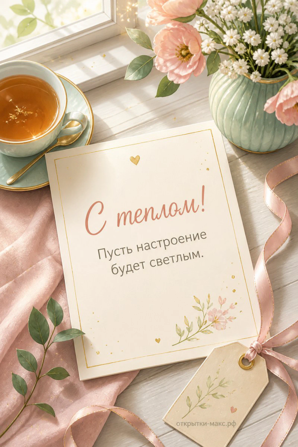 Открытка с ботаническим рисунком на столе рядом с чашкой чая, розовыми цветами и лентой, надпись «С теплом»