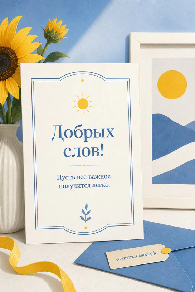 Открытка с акварельным горным пейзажем и ветка эвкалипта на светлом фоне с надписью Добрых слов — вариант 2