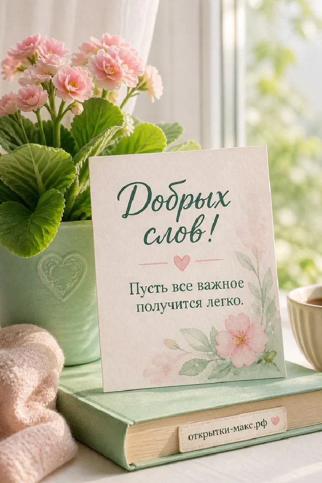 Открытка с акварельным горным пейзажем и ветка эвкалипта на светлом фоне с надписью Добрых слов — вариант 3