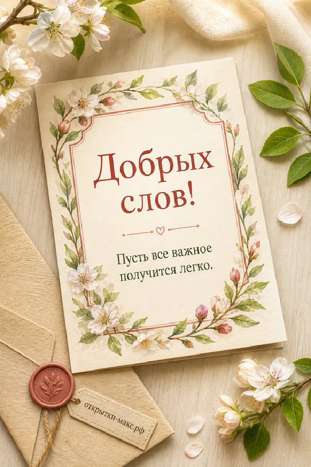 Открытка с акварельным горным пейзажем и ветка эвкалипта на светлом фоне с надписью Добрых слов — вариант 4