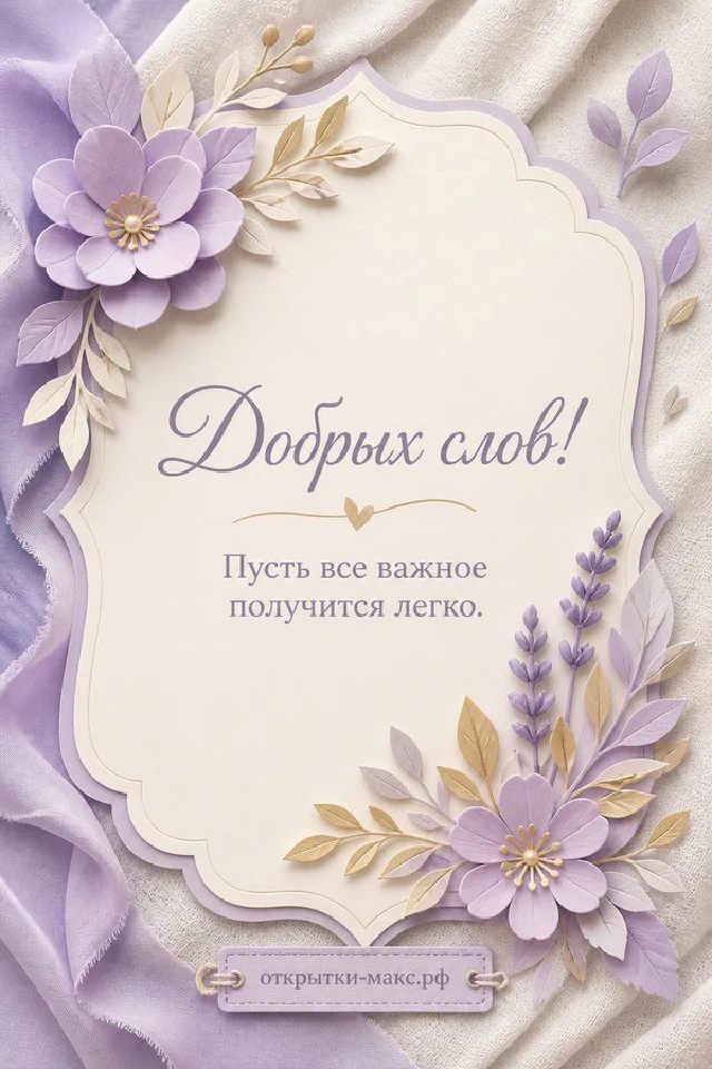 Открытка с акварельным горным пейзажем и ветка эвкалипта на светлом фоне с надписью Добрых слов — вариант 5