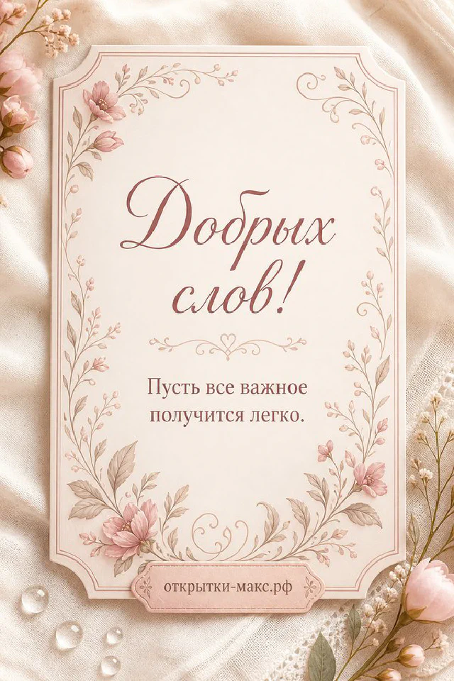 Открытка с акварельным горным пейзажем и ветка эвкалипта на светлом фоне с надписью Добрых слов — вариант 7