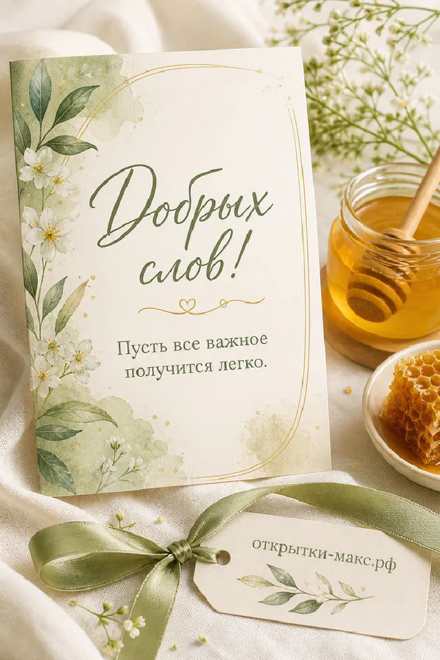 Открытка с акварельным горным пейзажем и ветка эвкалипта на светлом фоне с надписью Добрых слов — вариант 8