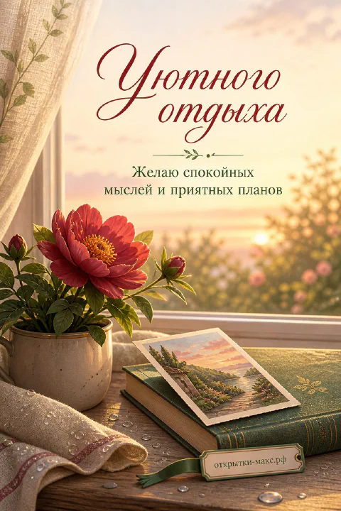 Красный пион у окна с закатным светом, книга и открытка на деревянном подоконнике