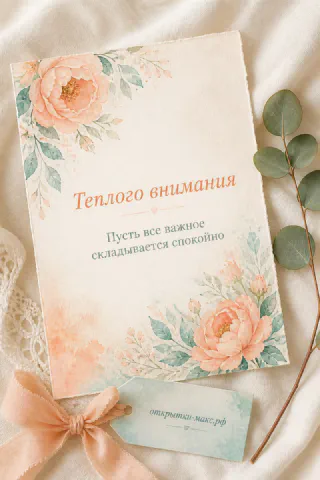 Акварельная открытка с персиковыми пионами и нежной лентой на белом фоне с лёгкой текстурой