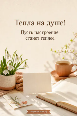Подснежники в горшке, чашка чая и раскрытая книга на светлом фоне с надписью «Тепла на душе»