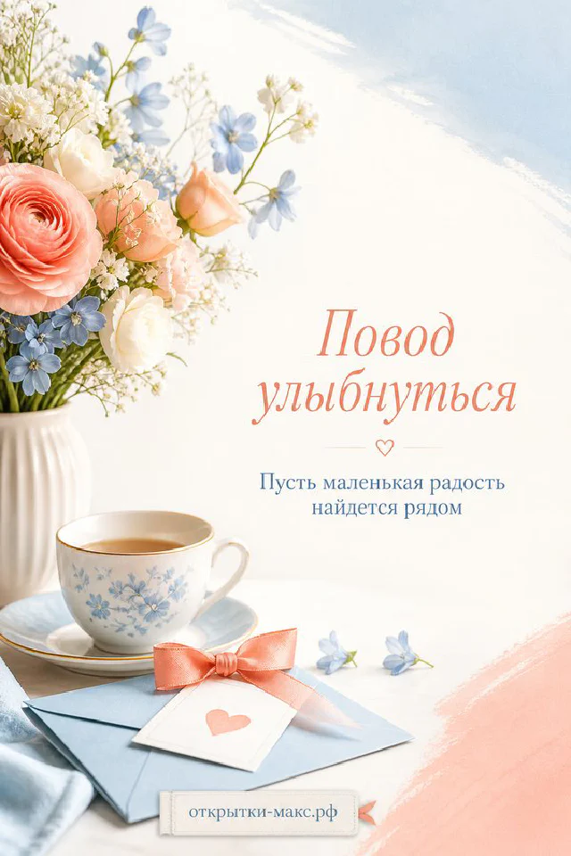 Чашка чая с сиренью и конверт с сердечком на белом фоне, надпись «Повод улыбнуться» — вариант 2