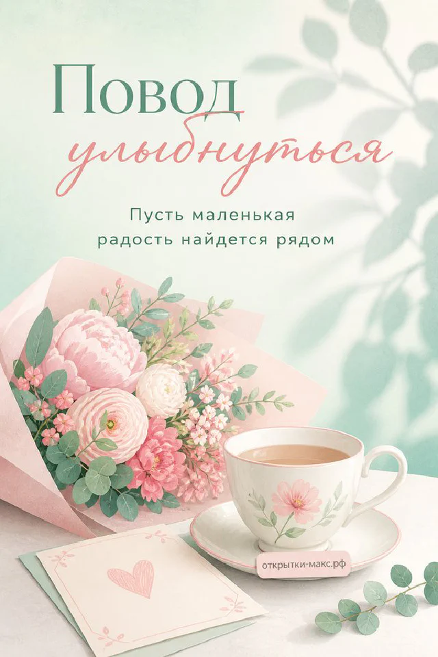 Чашка чая с сиренью и конверт с сердечком на белом фоне, надпись «Повод улыбнуться» — вариант 3