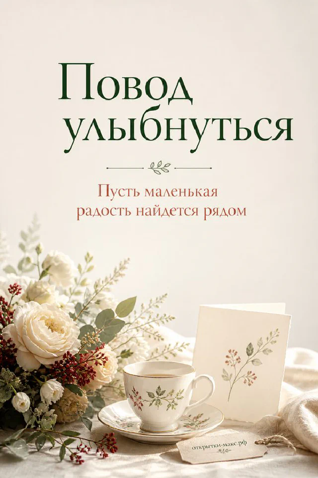 Чашка чая с сиренью и конверт с сердечком на белом фоне, надпись «Повод улыбнуться» — вариант 4