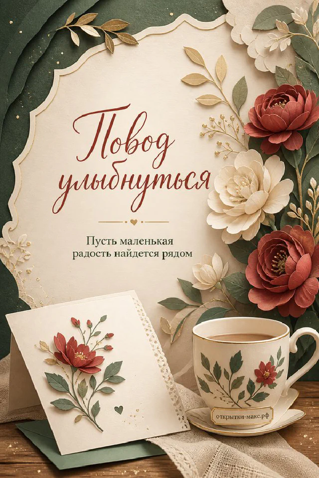Чашка чая с сиренью и конверт с сердечком на белом фоне, надпись «Повод улыбнуться» — вариант 5