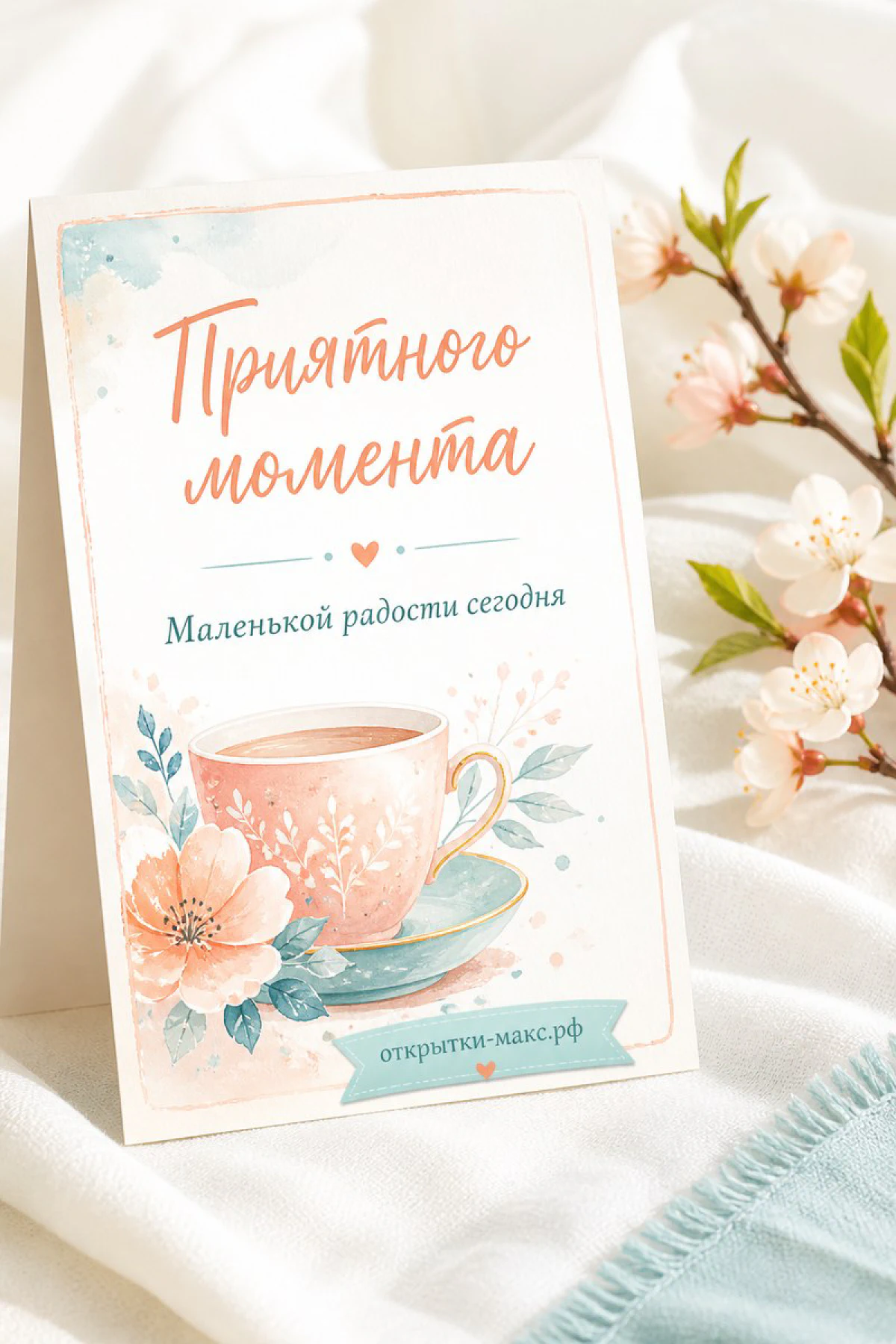 Открытка-карточка с нарисованной чашкой чая и розовыми ветвями сакуры на светлом фоне