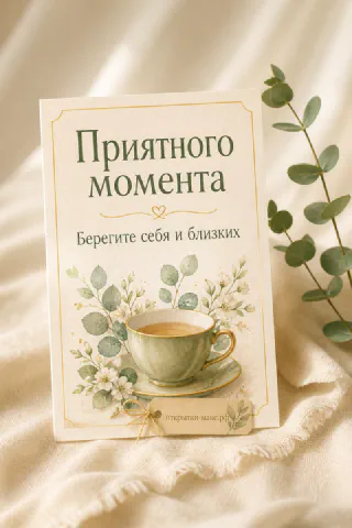 Открытка-карточка с нарисованной чашкой кофе и эвкалиптовыми ветками на кремовом фоне