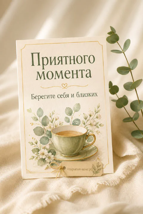 Открытка-карточка с нарисованной чашкой кофе и эвкалиптовыми ветками на кремовом фоне