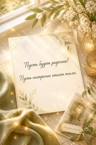 Белые цветы и ветки на фоне золотых огней с плюшевым пледом и открыткой в траве