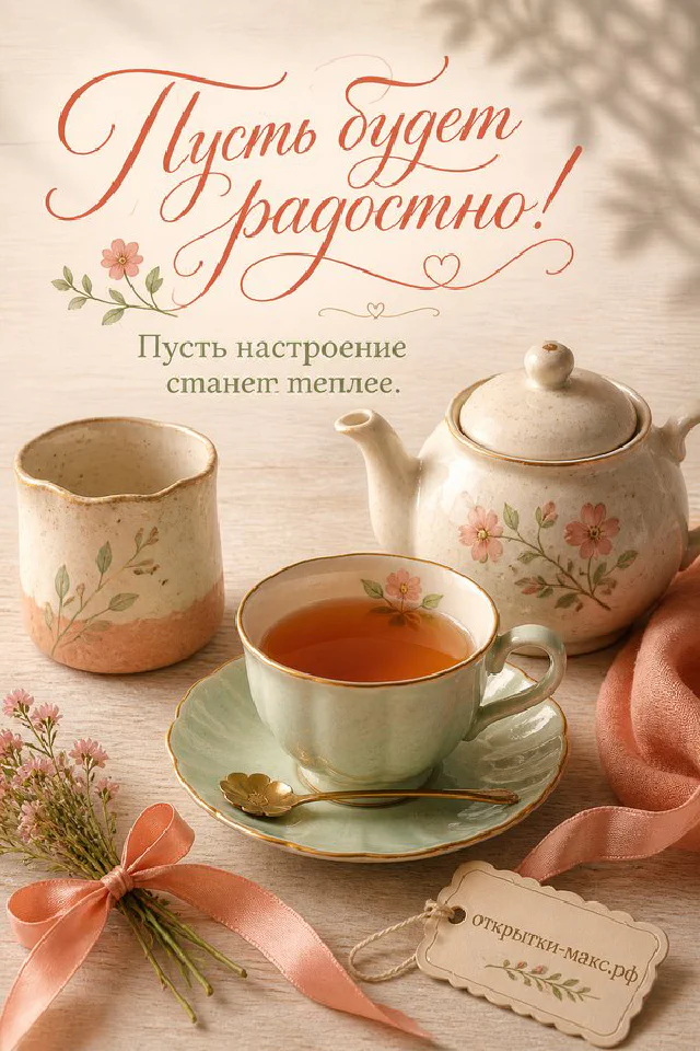Акварельная чашка чая с розой и атласной лентой на коралловом акварельном фоне с надписью Пусть будет радостно — вариант 2