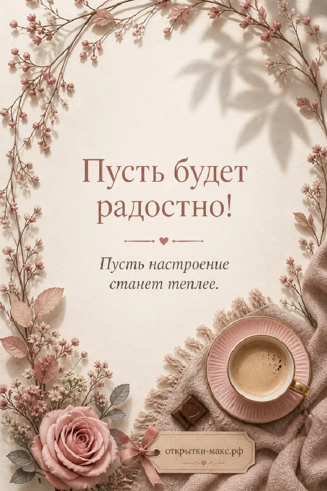 Акварельная чашка чая с розой и атласной лентой на коралловом акварельном фоне с надписью Пусть будет радостно — вариант 3