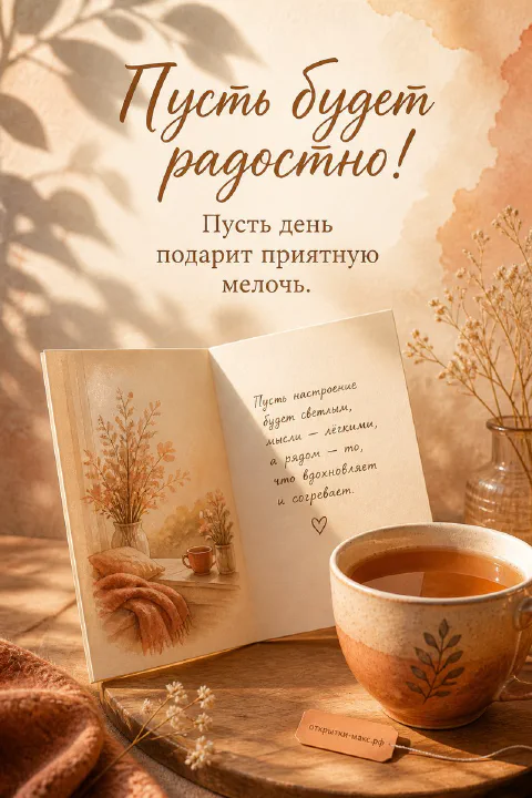 Чашка чая с заваркой и раскрытая книга с текстом о настроении на деревянном столе