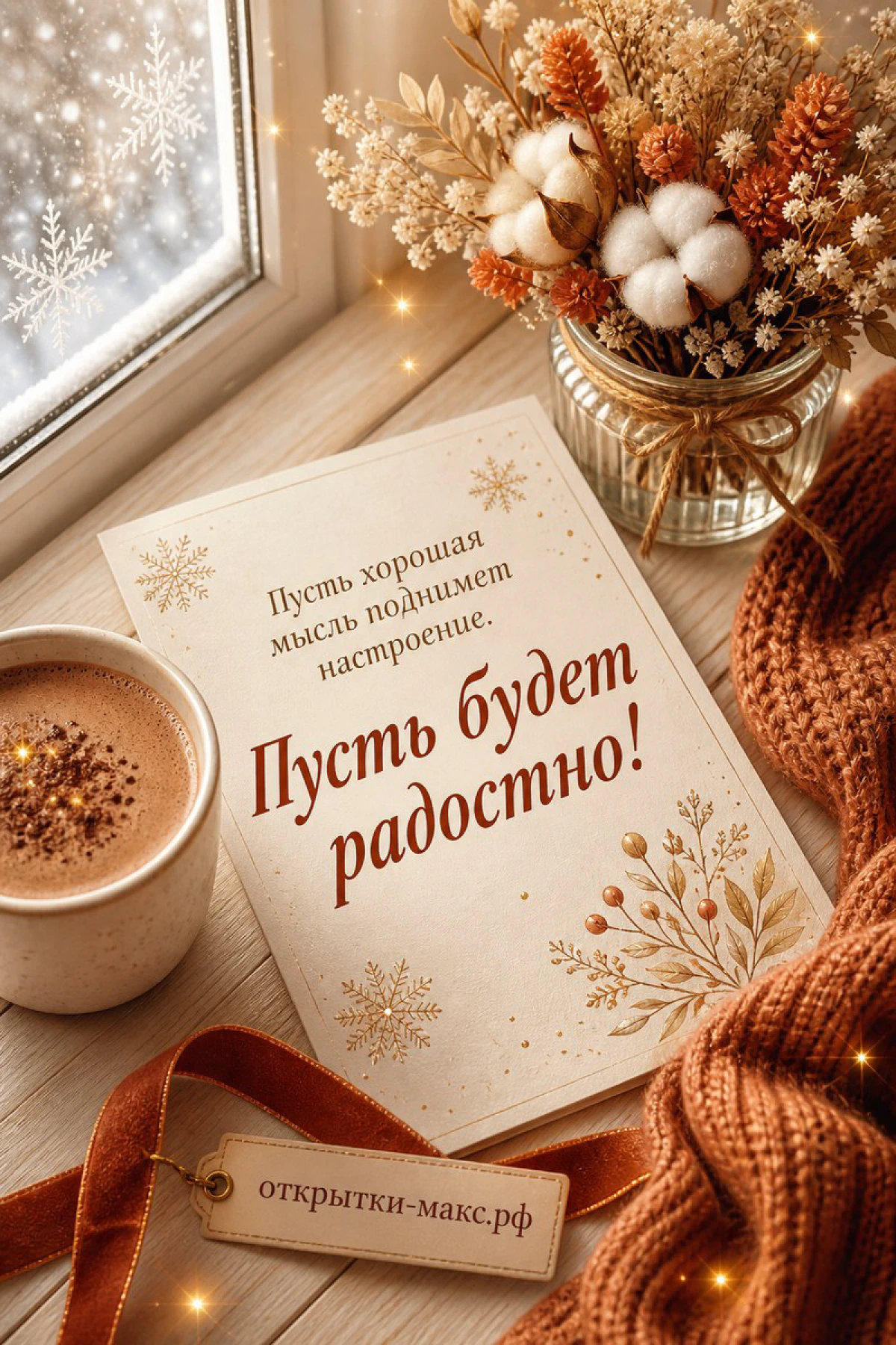 Чашка кофе с пенкой на деревянном столе рядом с открыткой, вазой сухоцветов и вязаным пледом, снежное окно за ними