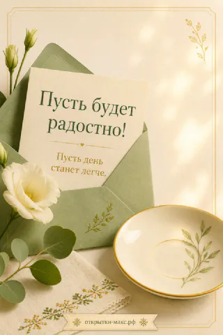 Зелёный конверт с белой карточкой, цветком эустомы и блюдцем на кремовом фоне