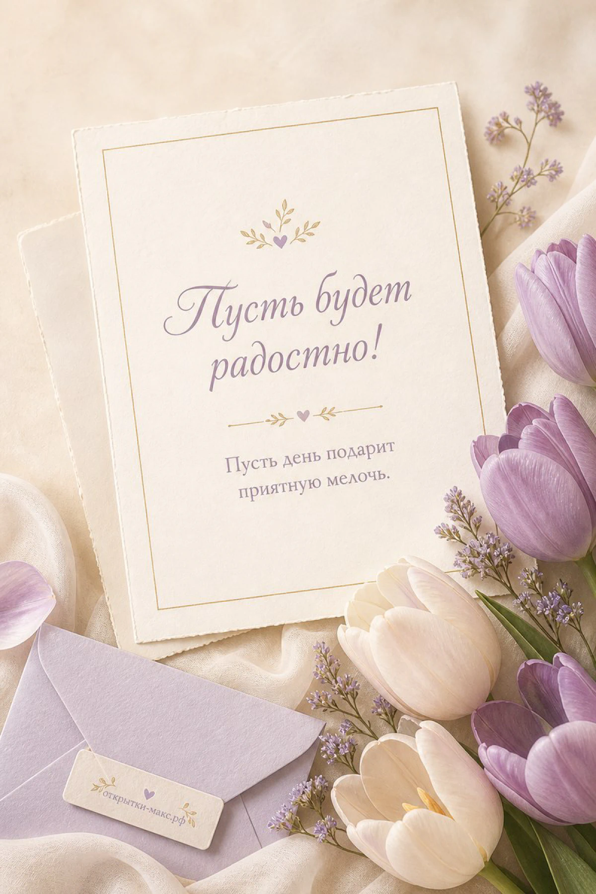 Белые и фиолетовые тюльпаны рядом с карточкой «Пусть будет радостно» и сиреневым конвертом