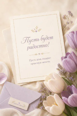 Белые и фиолетовые тюльпаны рядом с карточкой «Пусть будет радостно» и сиреневым конвертом