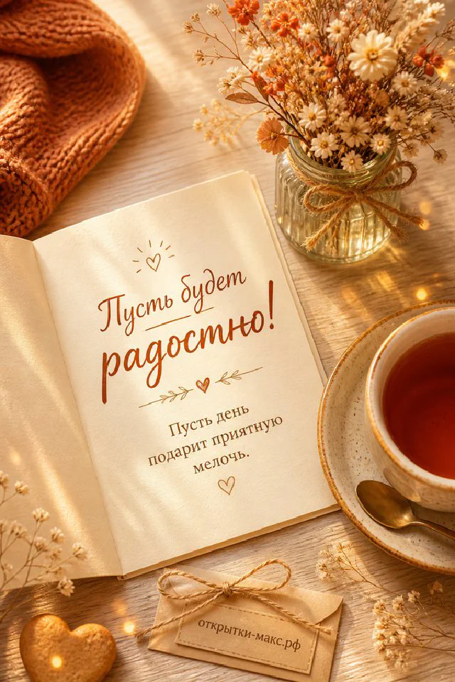 Белые и фиолетовые тюльпаны рядом с карточкой «Пусть будет радостно» и сиреневым конвертом — вариант 3