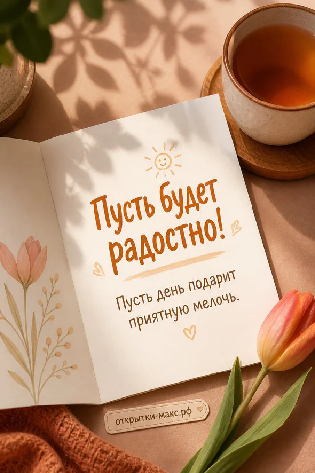 Белые и фиолетовые тюльпаны рядом с карточкой «Пусть будет радостно» и сиреневым конвертом — вариант 4