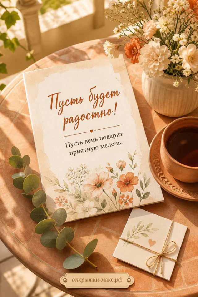 Белые и фиолетовые тюльпаны рядом с карточкой «Пусть будет радостно» и сиреневым конвертом — вариант 5