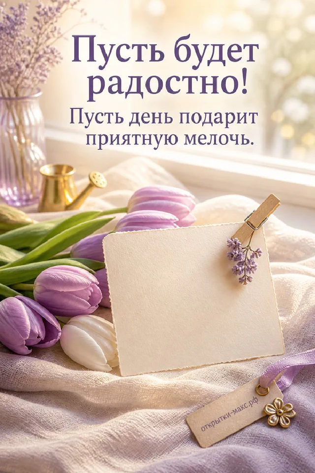 Белые и фиолетовые тюльпаны рядом с карточкой «Пусть будет радостно» и сиреневым конвертом — вариант 6